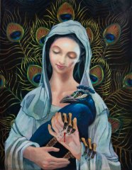 Vierge au Paon, 2021 | Acrylique, huile sur papier 65 x 50 cm. Envolé!